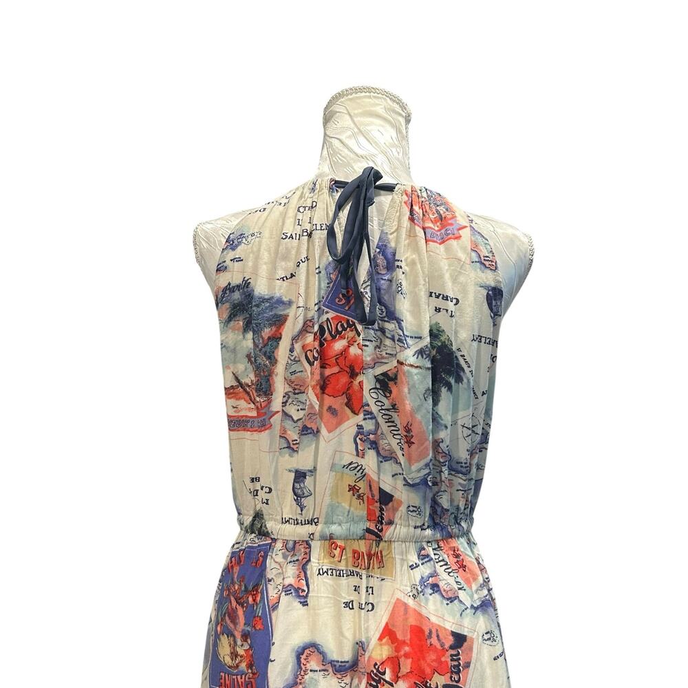 Postcard Print Halter Maxi Dress Sheer Chiffon Hem Tie Neck Womens Small - Picture 8 of 16